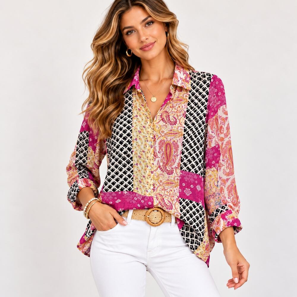 Rose + Olive Button-Up Blouse Womens Size M Paisley Patchwork Boho Casual Office